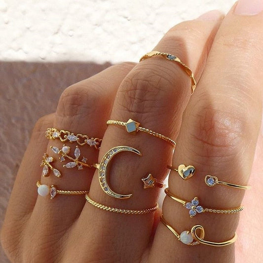 Confezione da 10 anelli bohémien placcati in argento e oro 