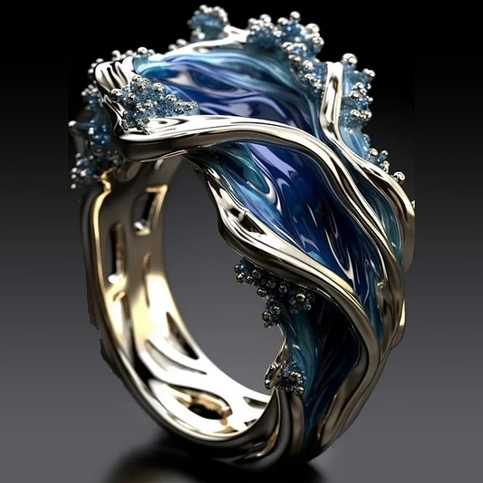 Anello vintage dorato con motivo ondulato dell'oceano 
