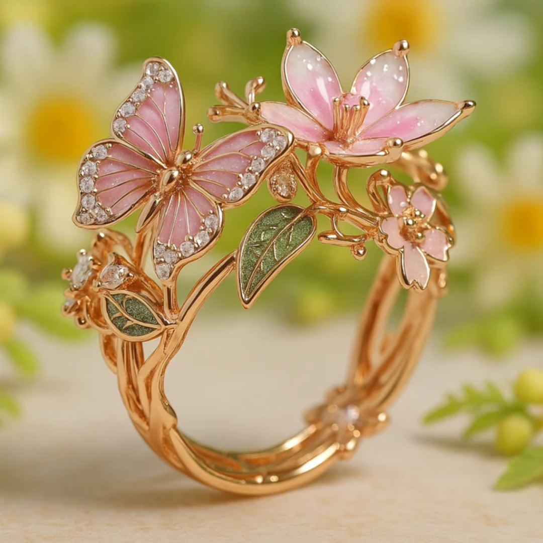 Anello con zirconi a forma di farfalla luminosa della natura