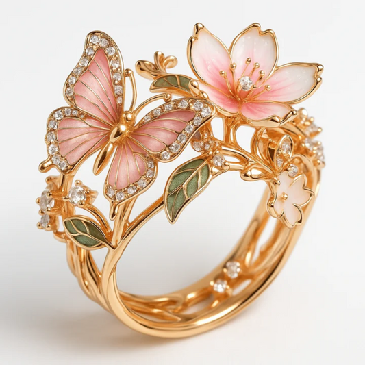 Anello con zirconi a forma di farfalla luminosa della natura